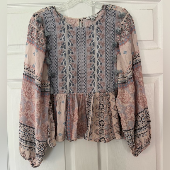 American Eagle long sleeve floral bohemian top size small tassels embroidered - Picture 1 of 9